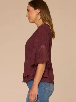 Three Quarter Bell Sleeve Scoop Neck Double Flounce Hem Woven Top