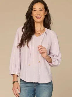 Three Quarter Blouson Sleeve Split Neck Crochet Petite Woven Top