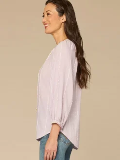 Three Quarter Blouson Sleeve Split Neck Crochet Petite Woven Top