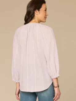 Three Quarter Blouson Sleeve Split Neck Crochet Petite Woven Top