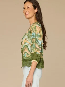 Three Quarter Blouson Sleeve Open Front Crochet Framing Crop Jacket