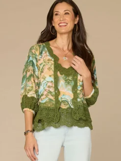 Three Quarter Blouson Sleeve Open Front Crochet Framing Crop Jacket