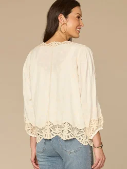 Three Quarter Blouson Sleeve Open Front Crochet Cropped Woven Jacket