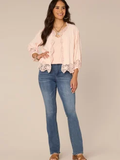Three Quarter Blouson Sleeve Open Front Crochet Cropped Woven Jacket