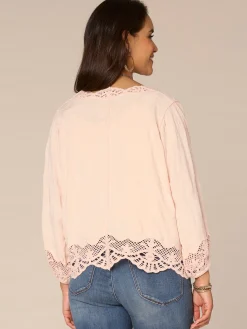 Three Quarter Blouson Sleeve Open Front Crochet Cropped Woven Jacket