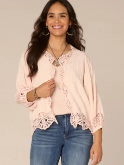 Three Quarter Blouson Sleeve Open Front Crochet Cropped Woven Jacket