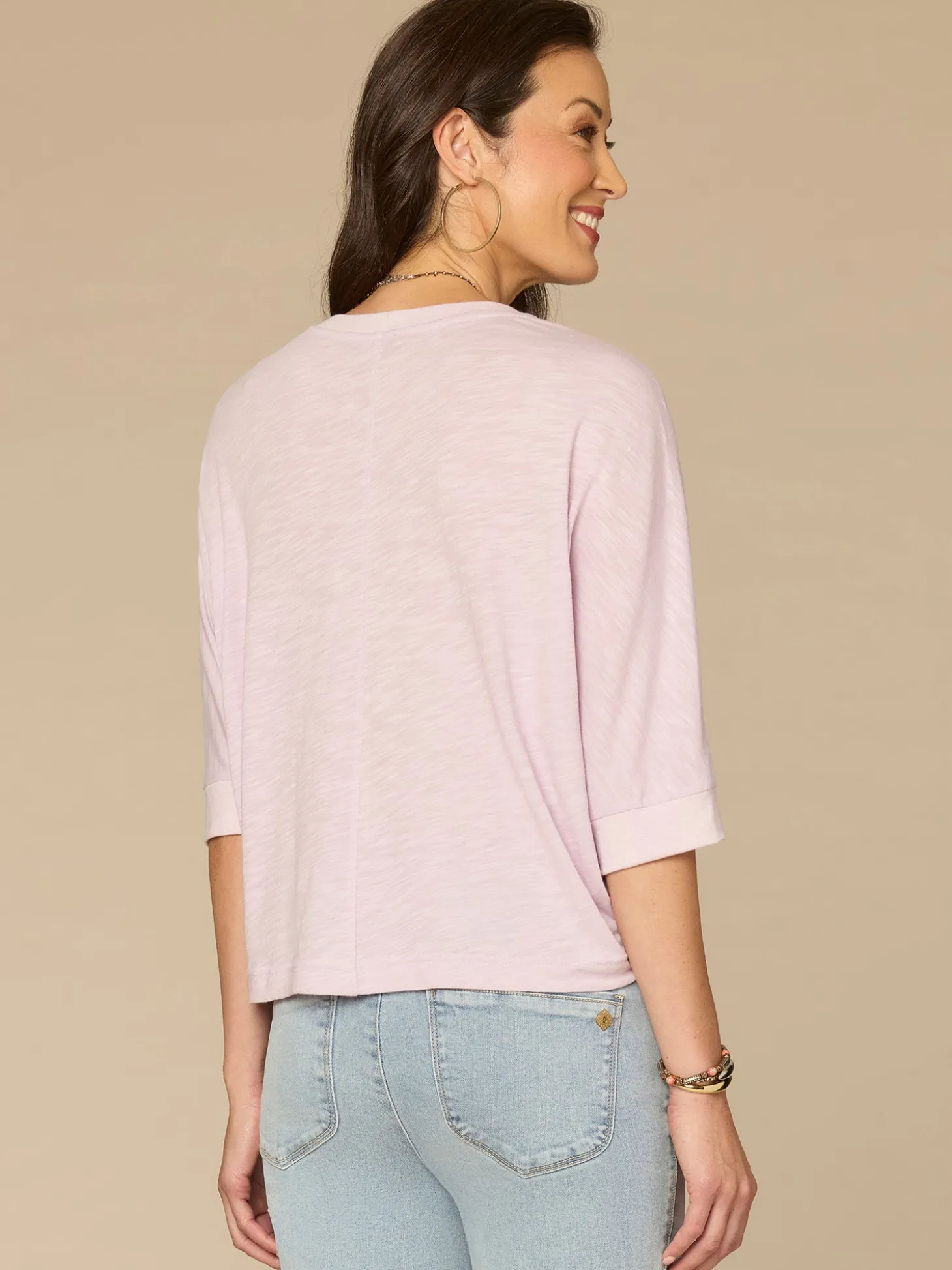 Three Quarter Dolman Sleeve Scoop Neck Embroidered Petite Knit Top