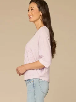 Three Quarter Dolman Sleeve Scoop Neck Embroidered Petite Knit Top