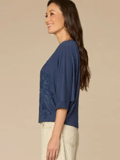Three Quarter Dolman Sleeve Scoop Neck Embroidered Petite Knit Top