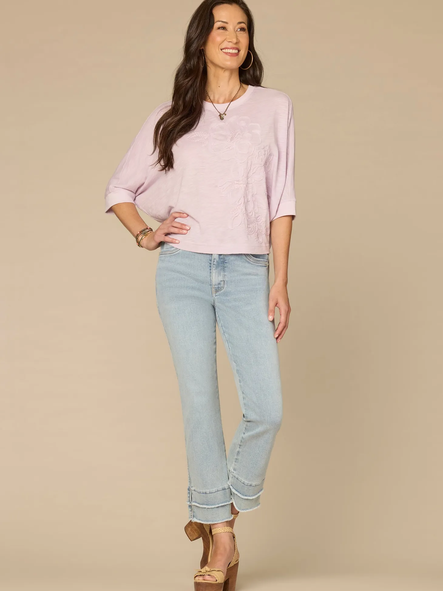 Three Quarter Dolman Sleeve Scoop Neck Embroidered Petite Knit Top