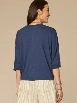 Three Quarter Dolman Sleeve Scoop Neck Embroidered Petite Knit Top