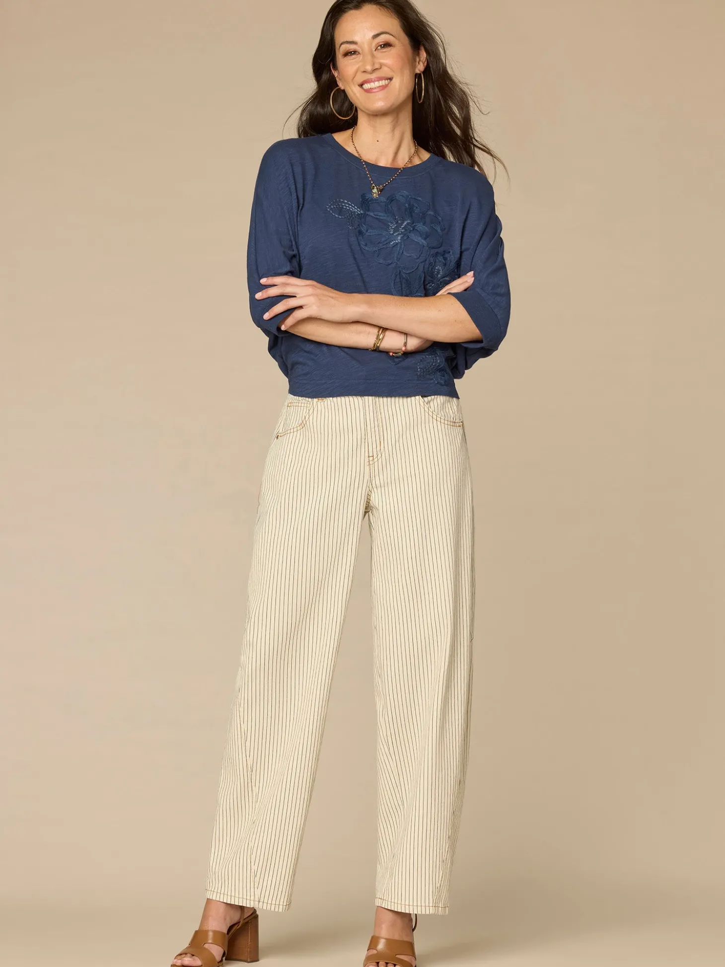 Three Quarter Dolman Sleeve Scoop Neck Embroidered Petite Knit Top