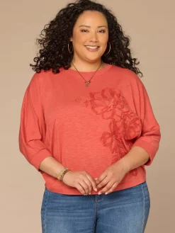 Three Quarter Dolman Sleeve Scoop Neck Embroidered Plus Size Knit Top