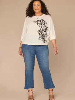 Three Quarter Dolman Sleeve Scoop Neck Embroidered Plus Size Knit Top