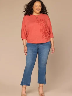 Three Quarter Dolman Sleeve Scoop Neck Embroidered Plus Size Knit Top