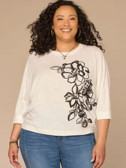 Three Quarter Dolman Sleeve Scoop Neck Embroidered Plus Size Knit Top