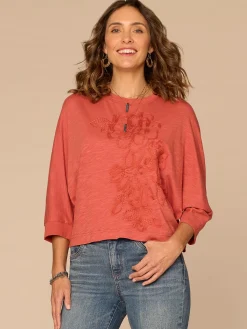 Three Quarter Dolman Sleeve Scoop Neck Floral Embroidered Knit Top