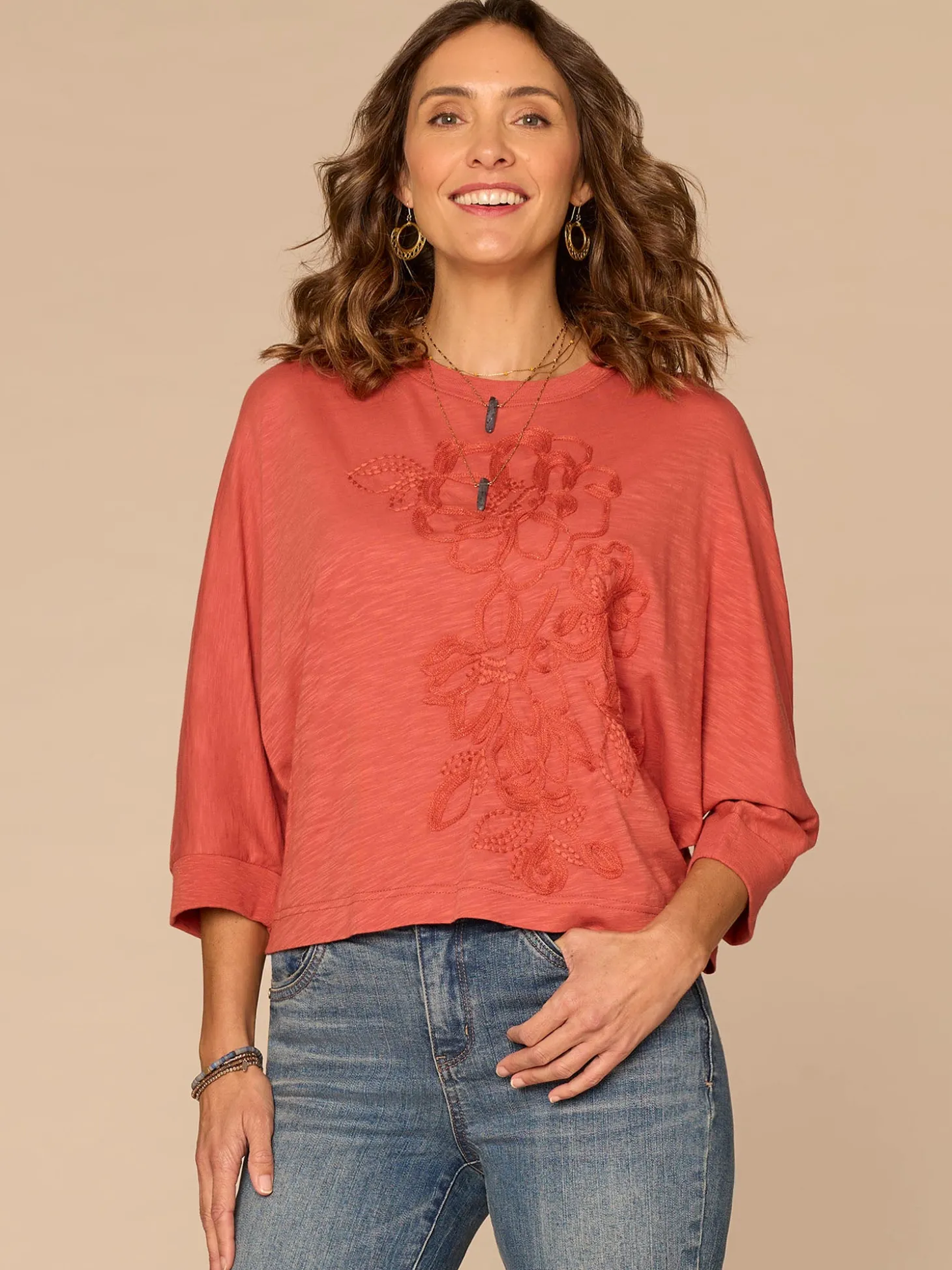 Three Quarter Dolman Sleeve Scoop Neck Floral Embroidered Knit Top