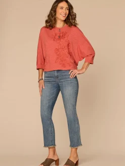 Three Quarter Dolman Sleeve Scoop Neck Floral Embroidered Knit Top