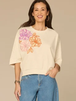 Three Quarter Dolman Sleeve Scoop Neck Embroidered Petite Knit Top