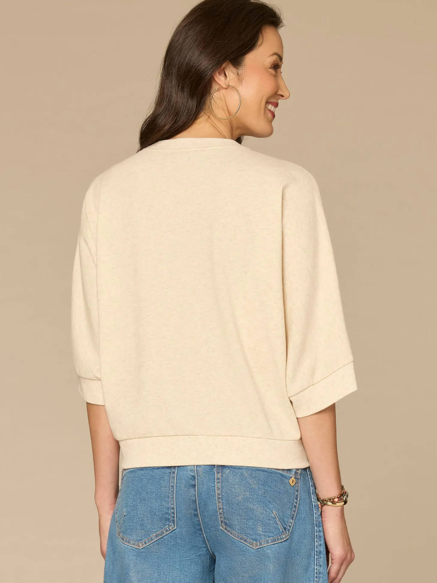 Three Quarter Dolman Sleeve Scoop Neck Embroidered Petite Knit Top