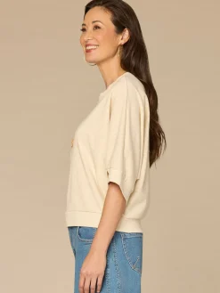 Three Quarter Dolman Sleeve Scoop Neck Embroidered Petite Knit Top