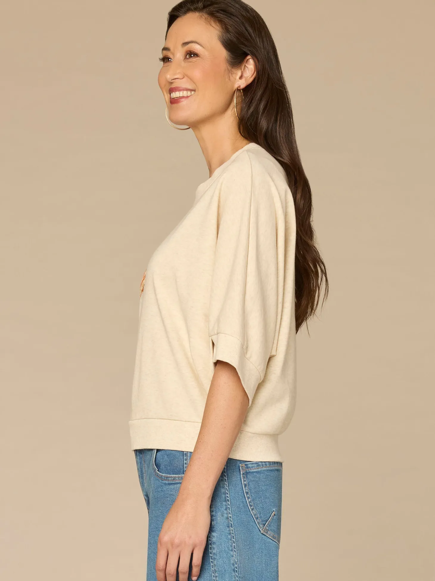 Three Quarter Dolman Sleeve Scoop Neck Embroidered Petite Knit Top