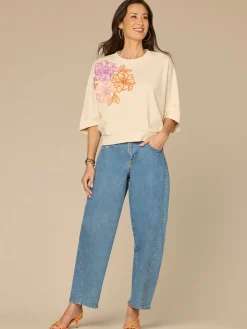 Three Quarter Dolman Sleeve Scoop Neck Floral Embroidered Knit Top