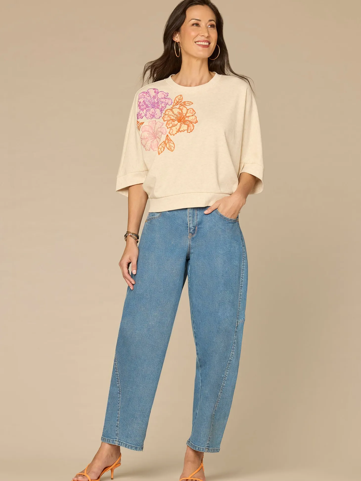 Three Quarter Dolman Sleeve Scoop Neck Floral Embroidered Knit Top
