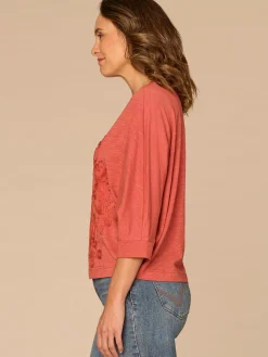 Three Quarter Dolman Sleeve Scoop Neck Embroidered Petite Knit Top