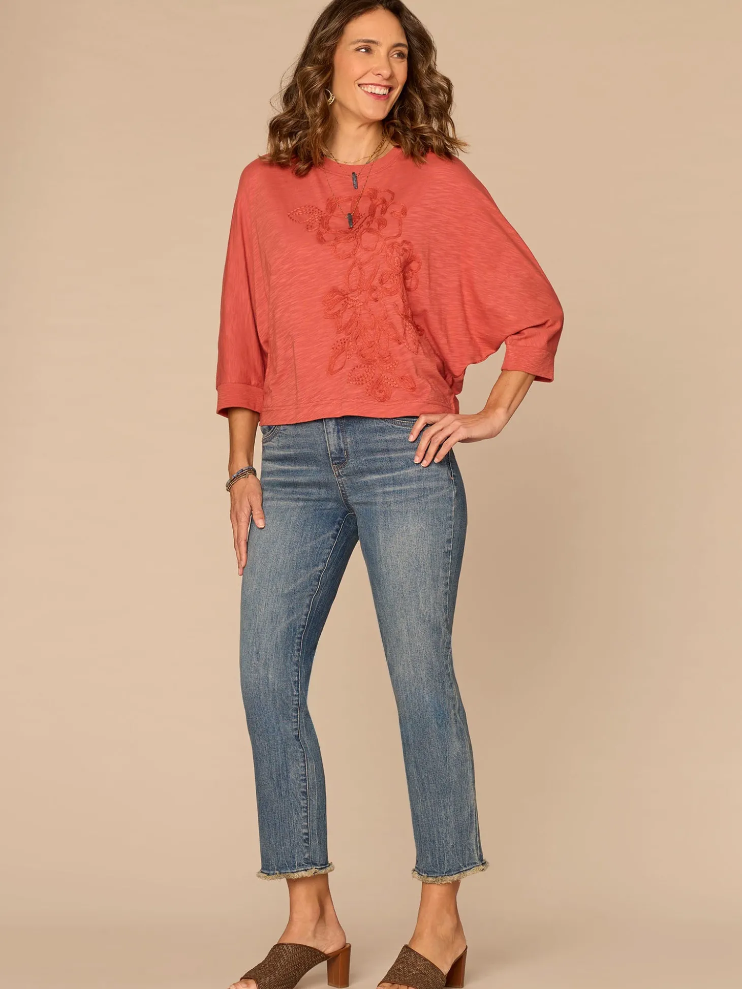 Three Quarter Dolman Sleeve Scoop Neck Embroidered Petite Knit Top