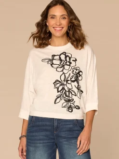 Three Quarter Dolman Sleeve Scoop Neck Embroidered Petite Knit Top