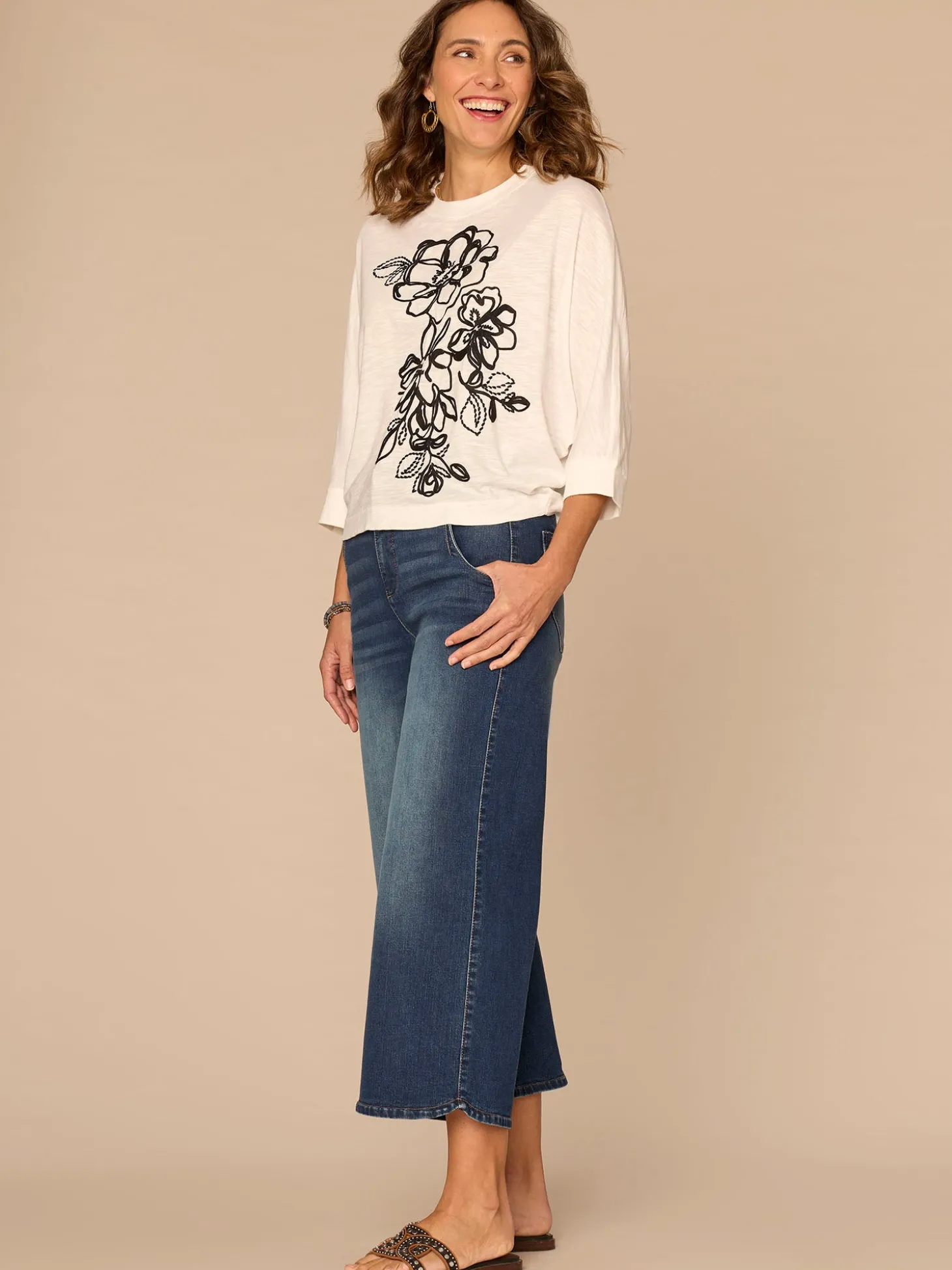 Three Quarter Dolman Sleeve Scoop Neck Embroidered Petite Knit Top