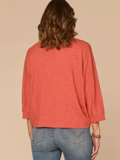 Three Quarter Dolman Sleeve Scoop Neck Embroidered Petite Knit Top