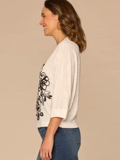 Three Quarter Dolman Sleeve Scoop Neck Embroidered Petite Knit Top