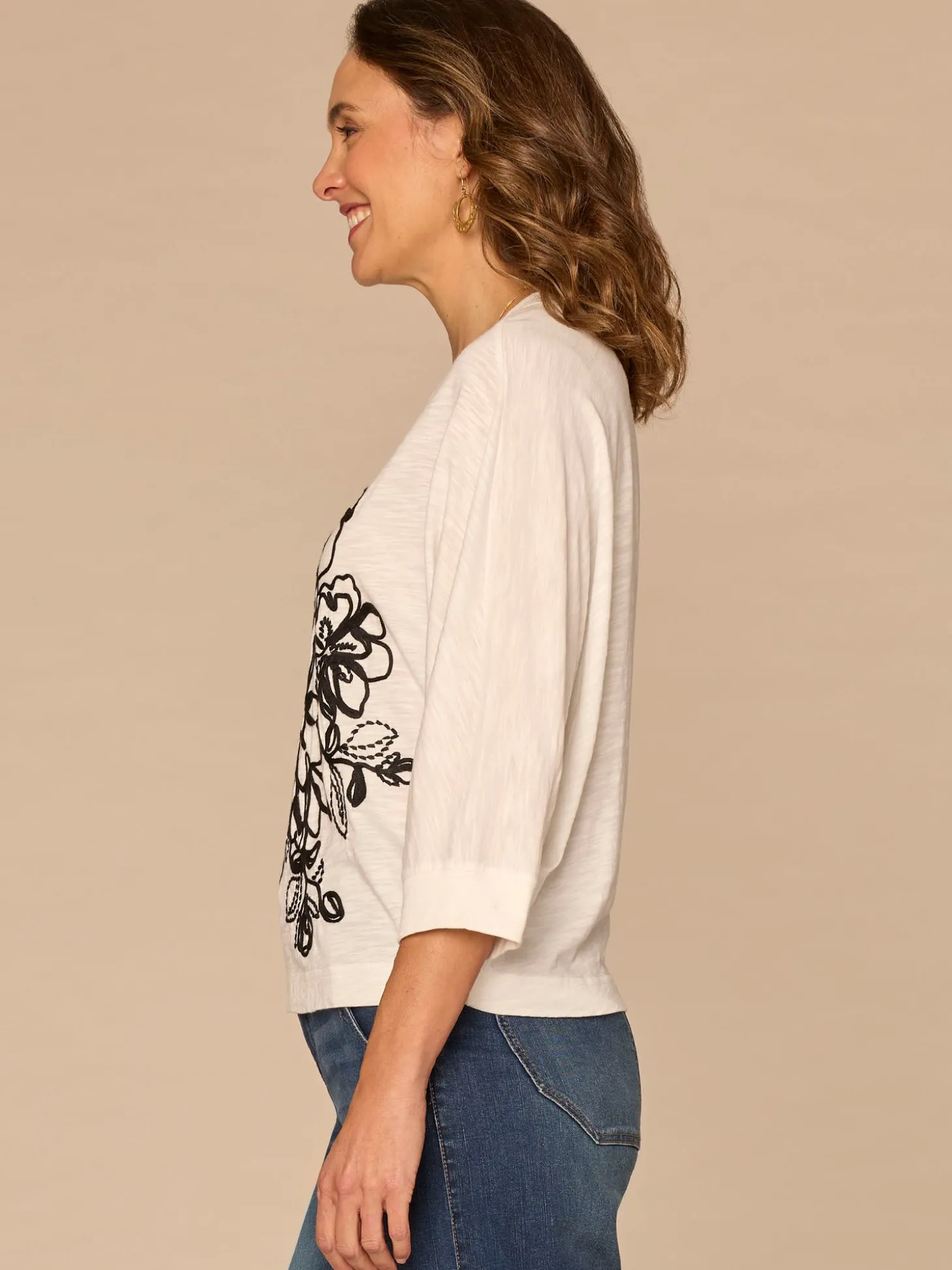 Three Quarter Dolman Sleeve Scoop Neck Embroidered Petite Knit Top