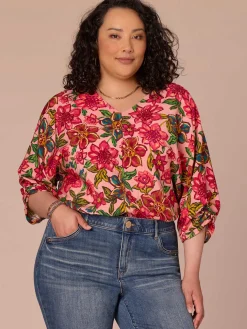Three Quarter Kimono Sleeve V-Neck Floral Print Plus Size Woven Top