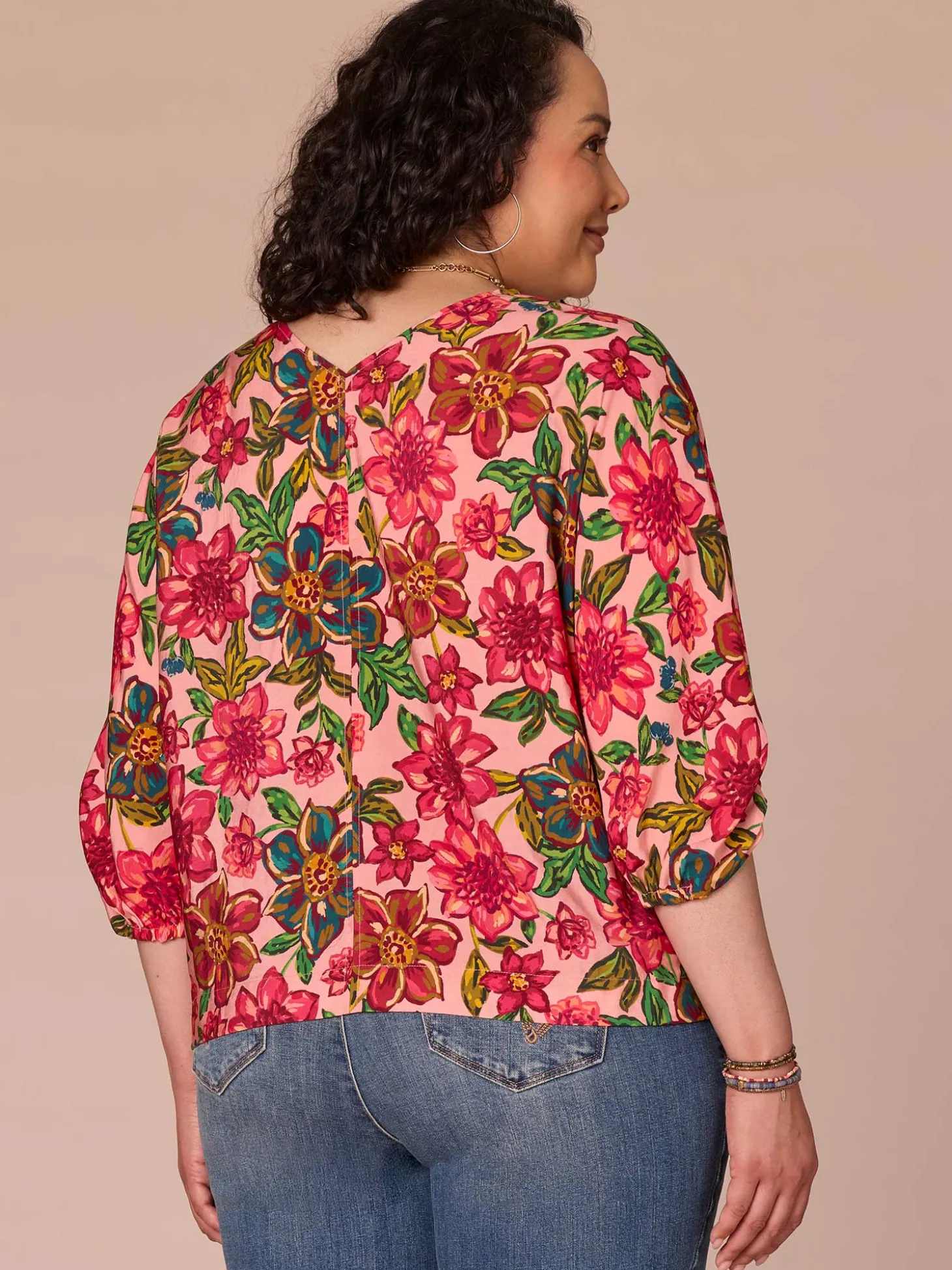 Three Quarter Kimono Sleeve V-Neck Floral Print Plus Size Woven Top