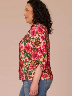 Three Quarter Kimono Sleeve V-Neck Floral Print Plus Size Woven Top