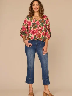 Three Quarter Kimono Sleeve V-Neck Floral Print Petite Woven Top