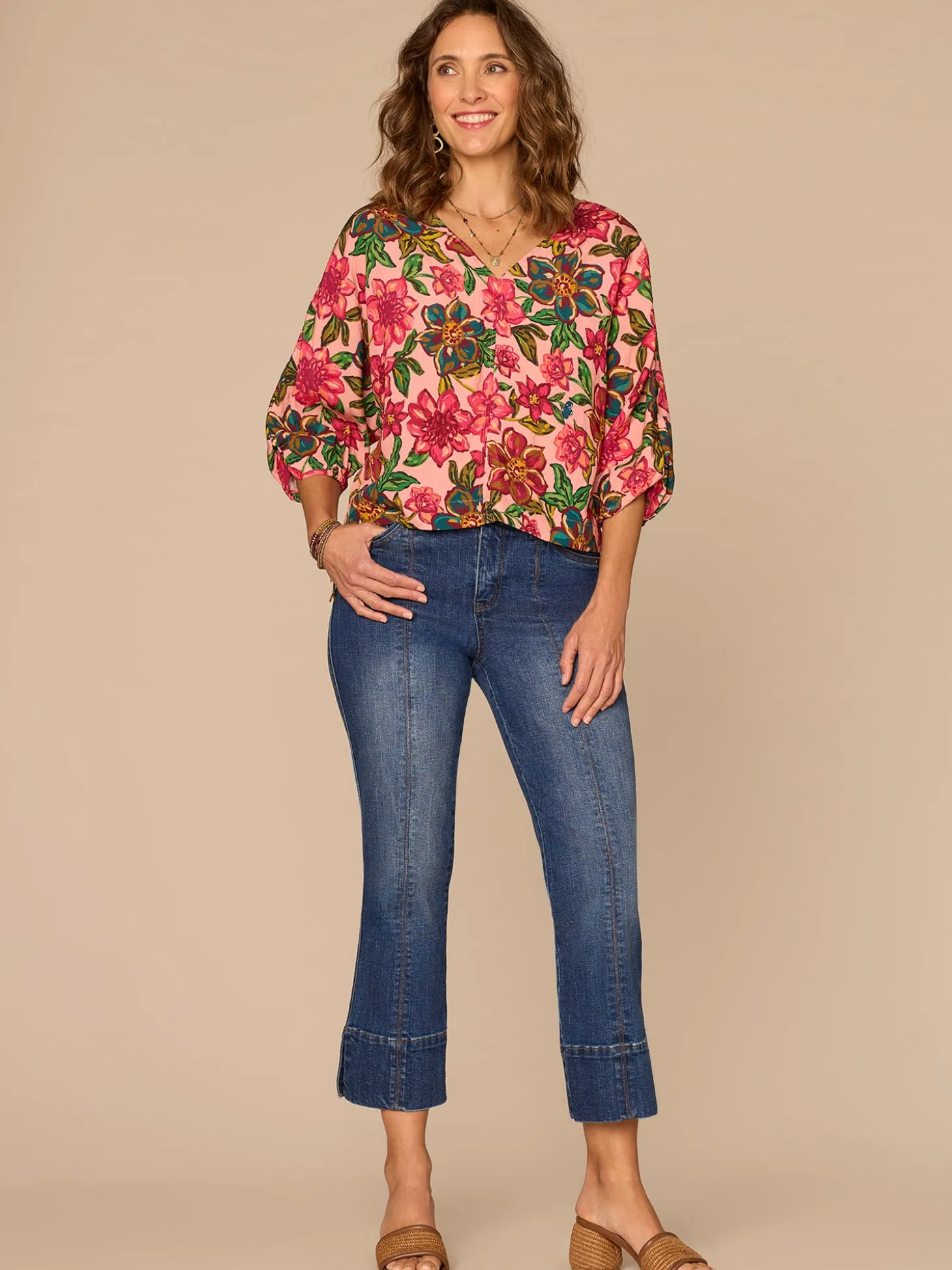 Three Quarter Kimono Sleeve V-Neck Floral Print Petite Woven Top