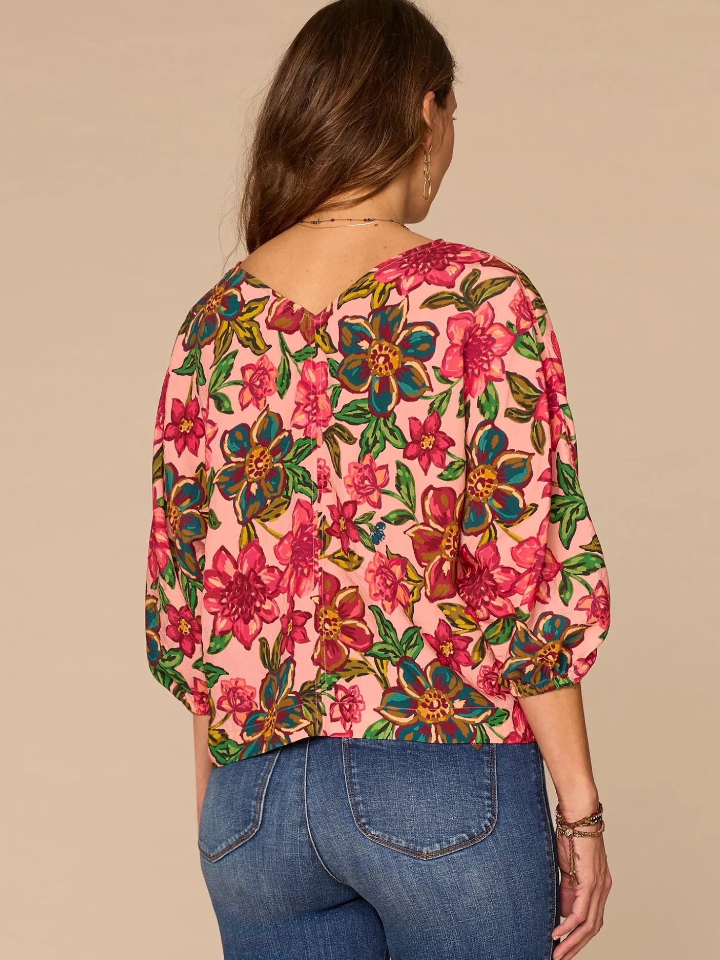 Three Quarter Kimono Sleeve V-Neck Floral Print Petite Woven Top