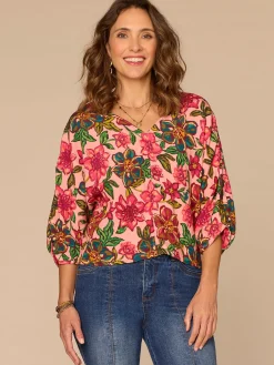 Three Quarter Kimono Sleeve V-Neck Floral Print Woven Top
