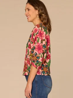 Three Quarter Kimono Sleeve V-Neck Floral Print Woven Top