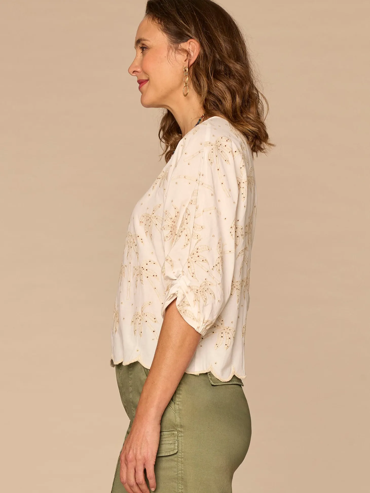 Three Quarter Pleated Sleeve Boat Neck Palm Tree Embroidered Woven Top