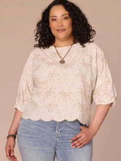 Three Quarter Pleated Sleeve Boat Neck Palm Tree Plus Size Woven Top