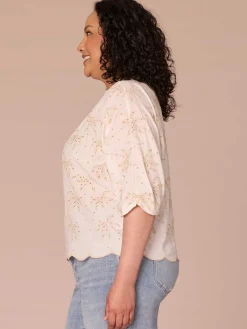 Three Quarter Pleated Sleeve Boat Neck Palm Tree Plus Size Woven Top