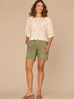 Three Quarter Sleeve Boat Neck Palm Tree Embroidered Petite Woven Top