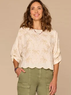 Three Quarter Sleeve Boat Neck Palm Tree Embroidered Petite Woven Top
