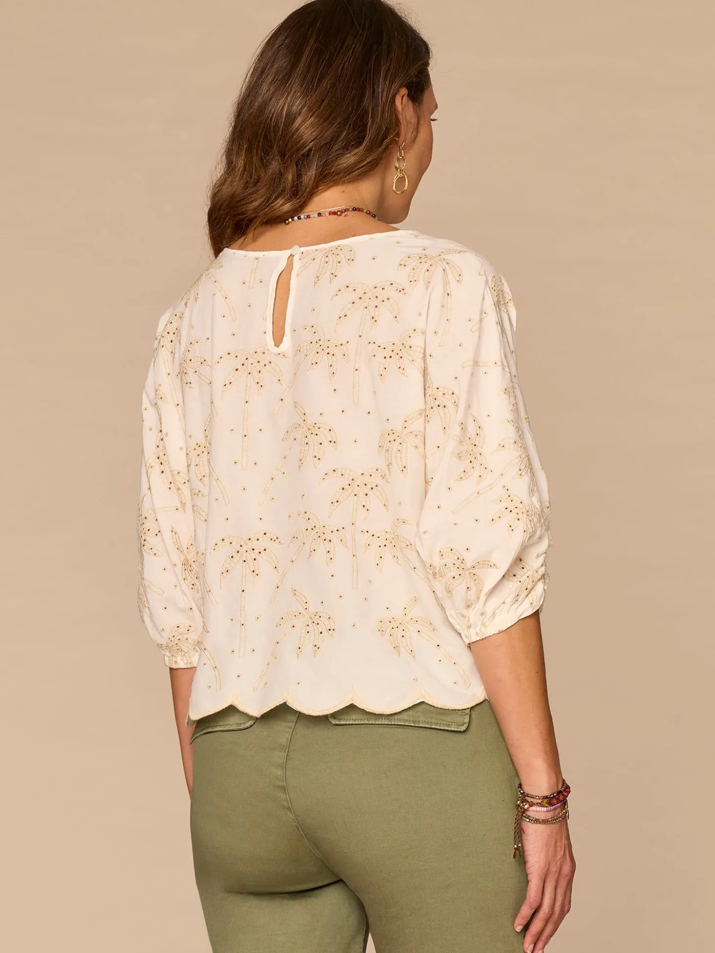 Three Quarter Sleeve Boat Neck Palm Tree Embroidered Petite Woven Top